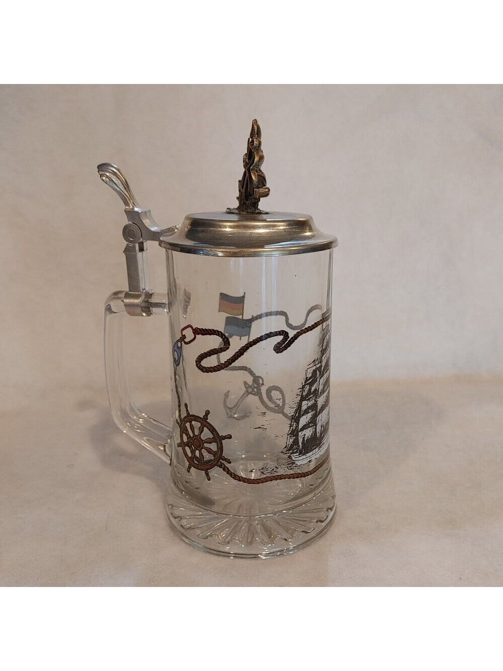 Vintage Glass Beer Stein Sail Ship